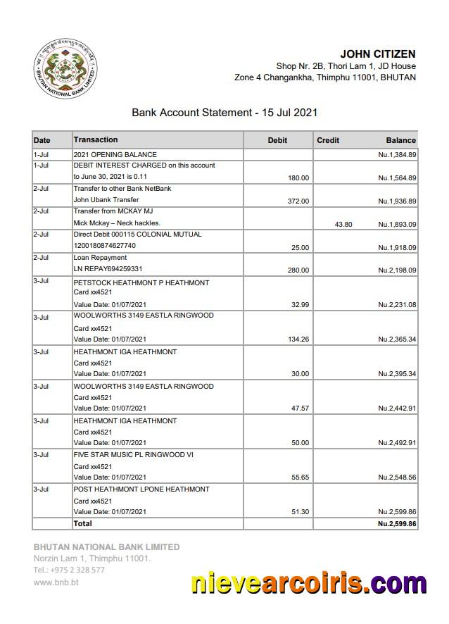 Bhutan National Bank statement easy to fill in Excel and PDF format